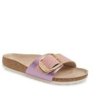 Birkenstock Madrid Gold Big Buckle Sandals 5 36 Pink Print Single Strap Slide